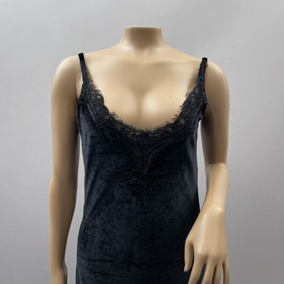 Sandro Paris Dress Women 2 Black Velvet Midi Lace Trim Slip Party Cocktail Goth - Picture 2 of 12